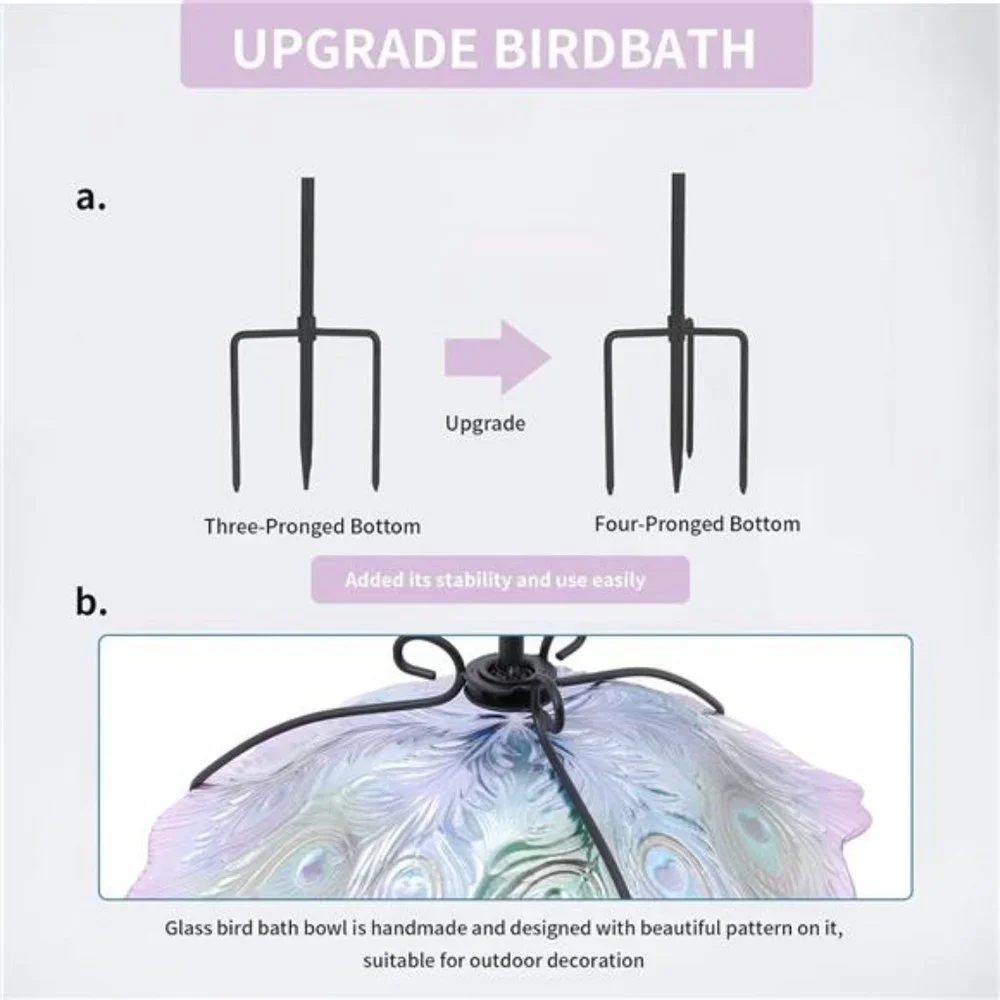 Glass Bird Bath, Garden Outdoor Birdbaths Birdfeeder with Metal Stake Peacock